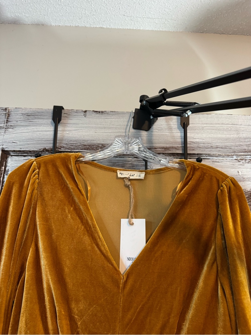 Velvet (faux) V-Neck Long-Sleeve Dress in Mustard - Picture 5 of 9